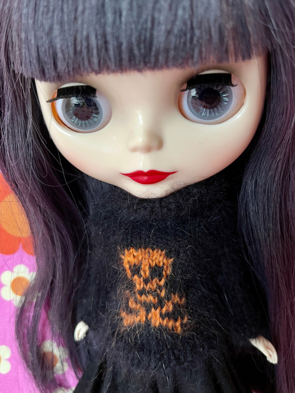 Halloween Fluffy Black Sweater Orange Skull