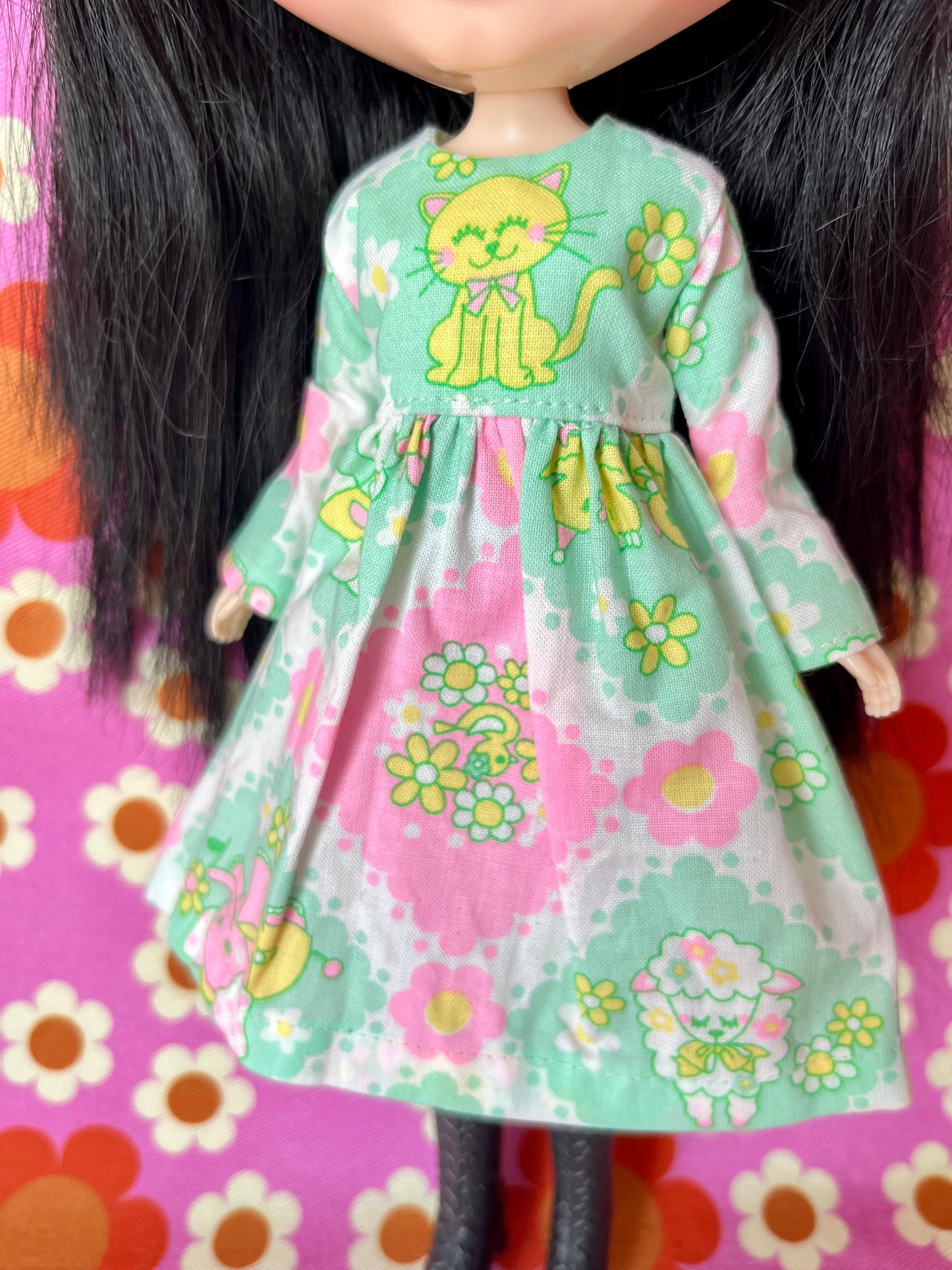 Green Neon Cat Long Sleeve Dress for Blythe Doll