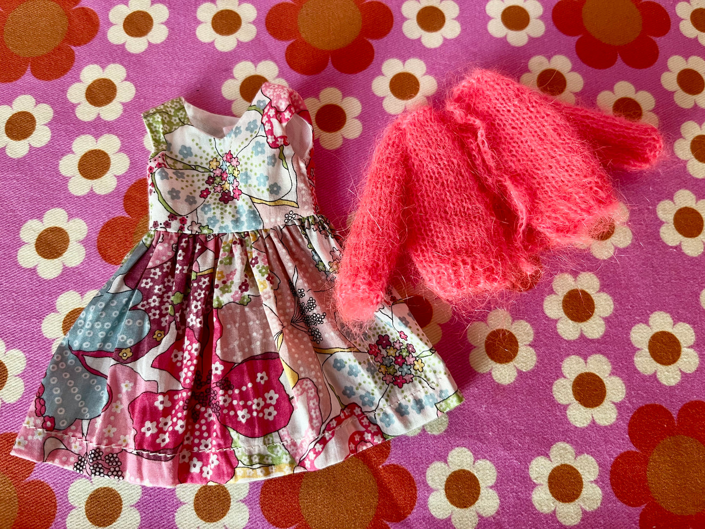 Liberty Print Dress & Reversible Mohair Cardigan for Blythe Doll