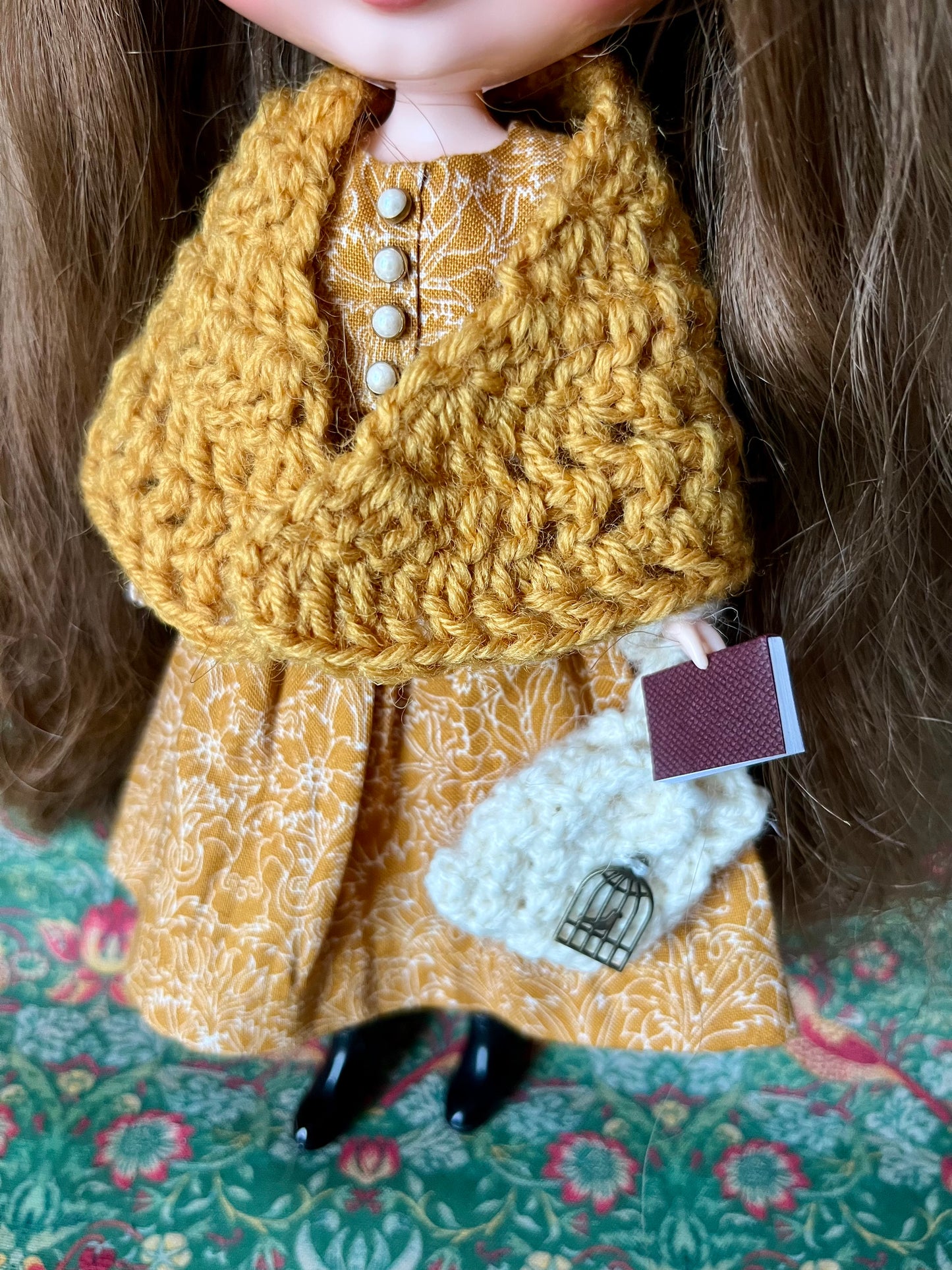 Brontë Sisters Inspired Dress with Shawl, bag & miniature book for Blythe Doll