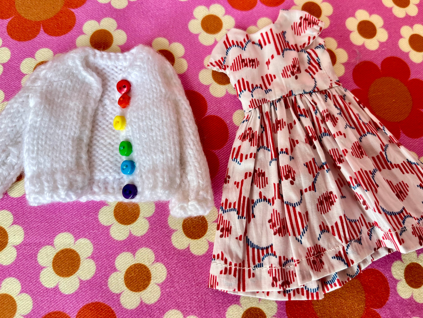 White Liberty Cap Sleeve Dress & Knitted Cardigan for Blythe Doll