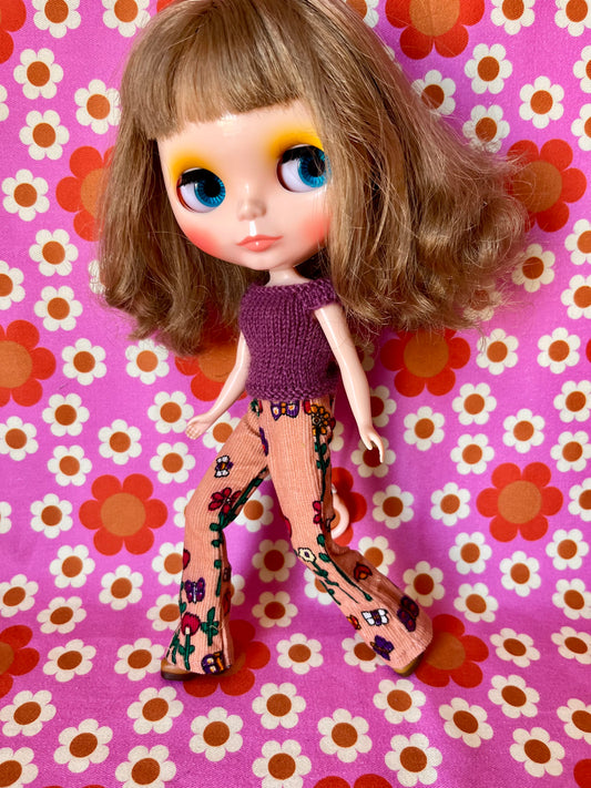Cute Pink Vintage Floral Flared Jeans Corduroy Trousers for Blythe Doll