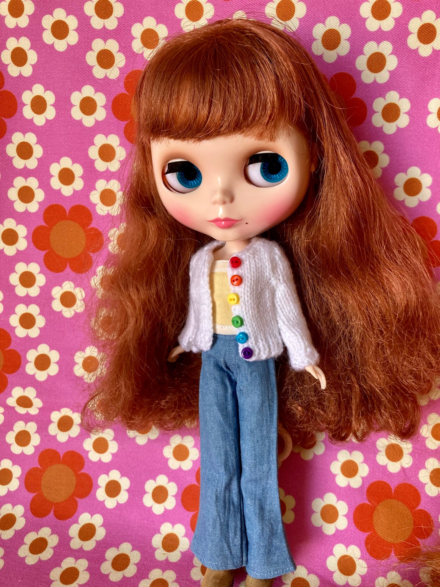 Knitted Cardigan with Rainbow Buttons for Blythe Doll.