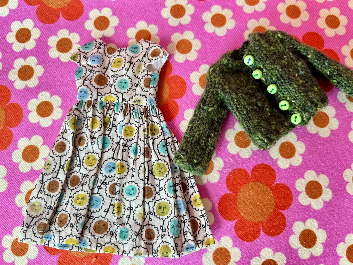 Green Liberty Cap Sleeve Dress & Knitted Cardigan for Blythe Doll