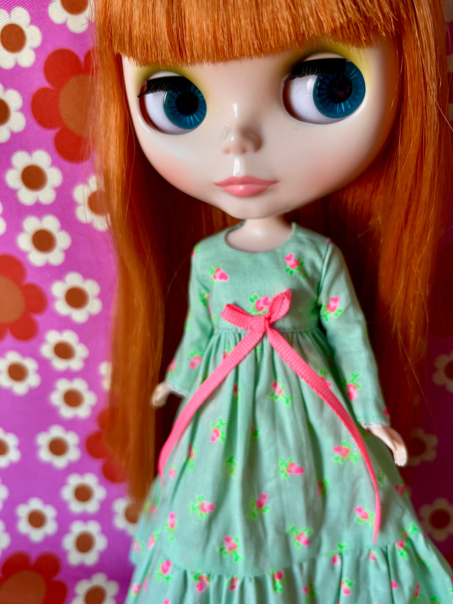 Long Neon Rosebud Print Dress for Blythe Doll