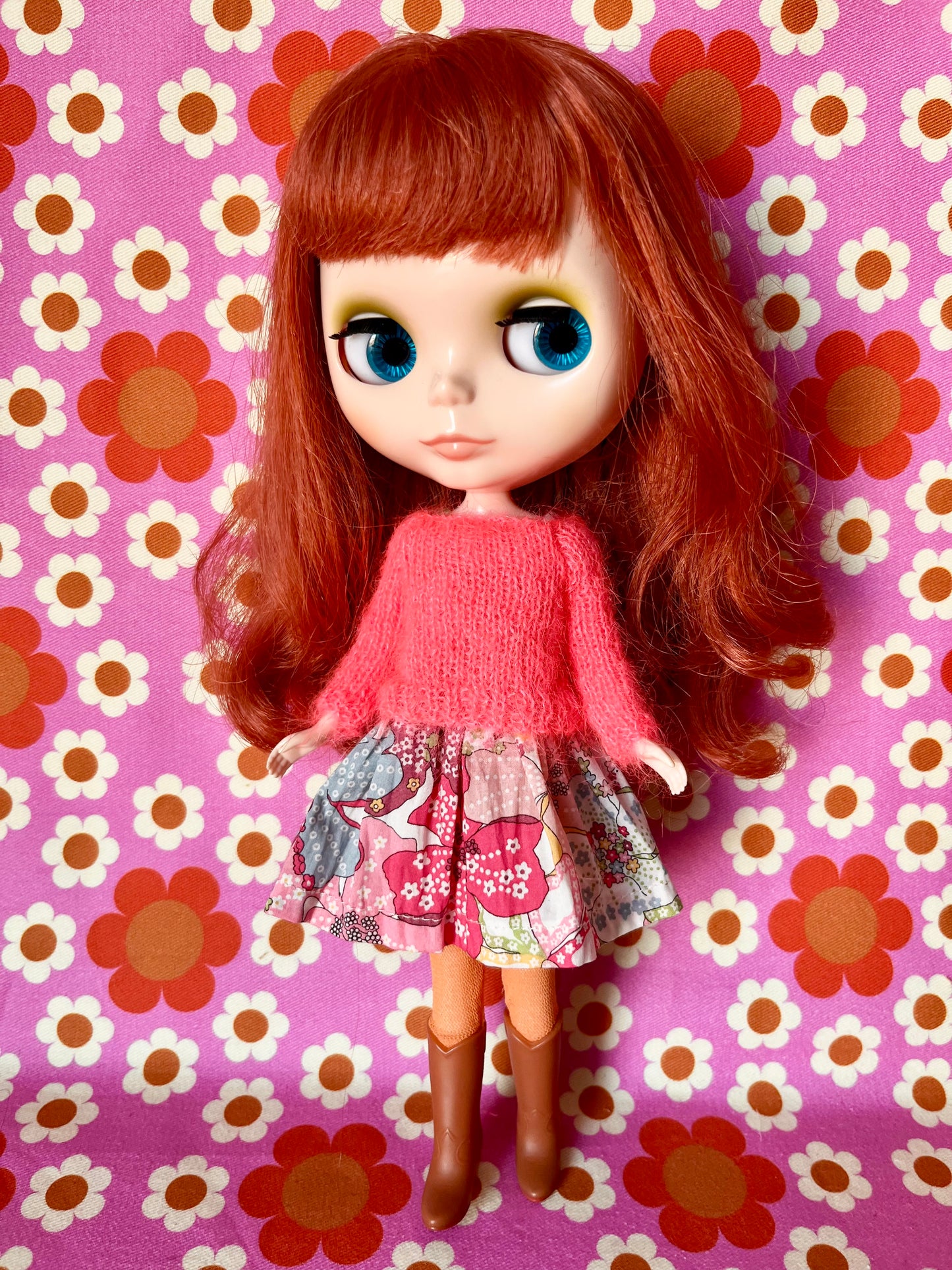 Liberty Print Dress & Reversible Mohair Cardigan for Blythe Doll