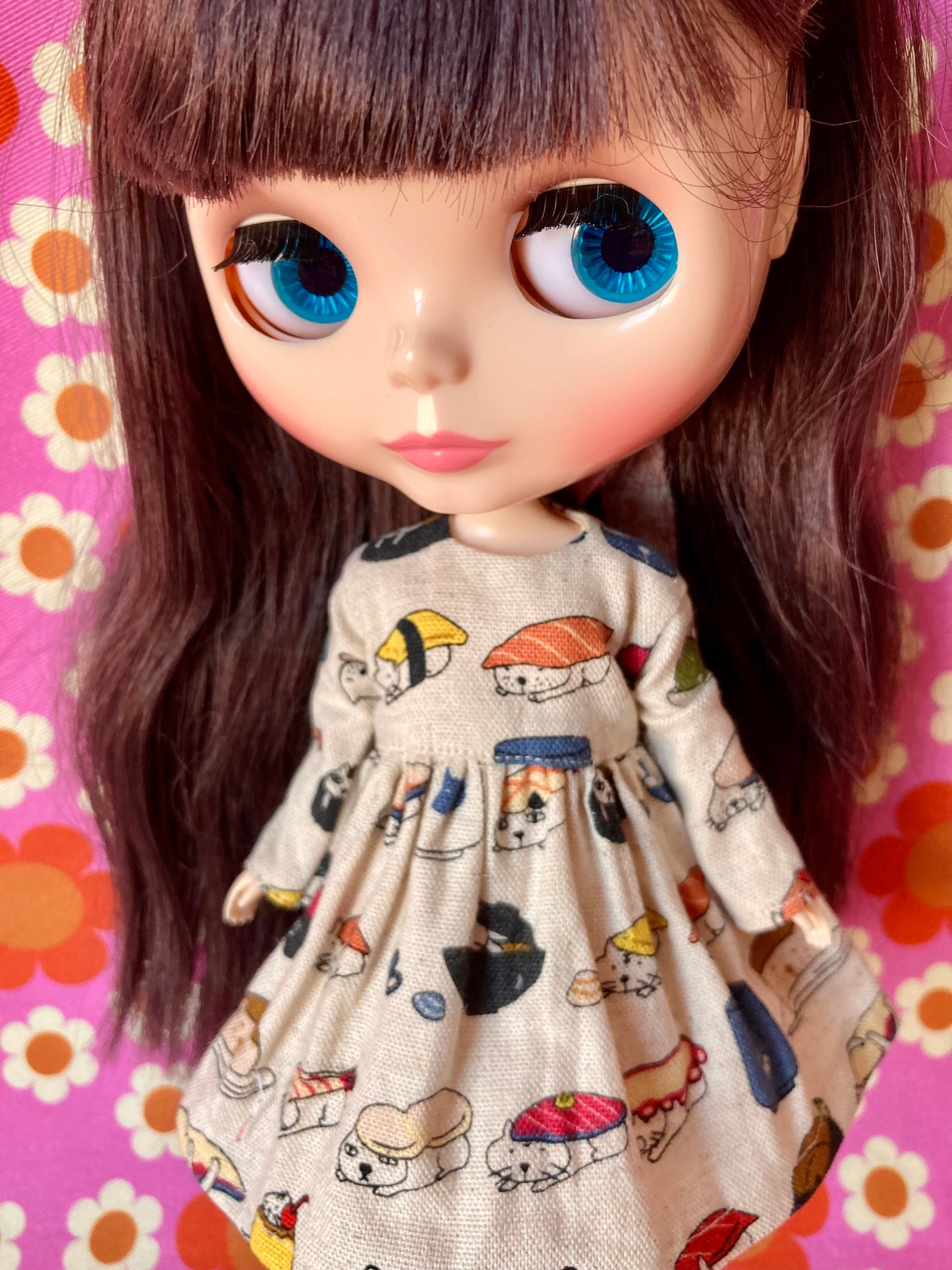 Cute Sushi Cat Japanese Print Happy Dress for Blythe Doll