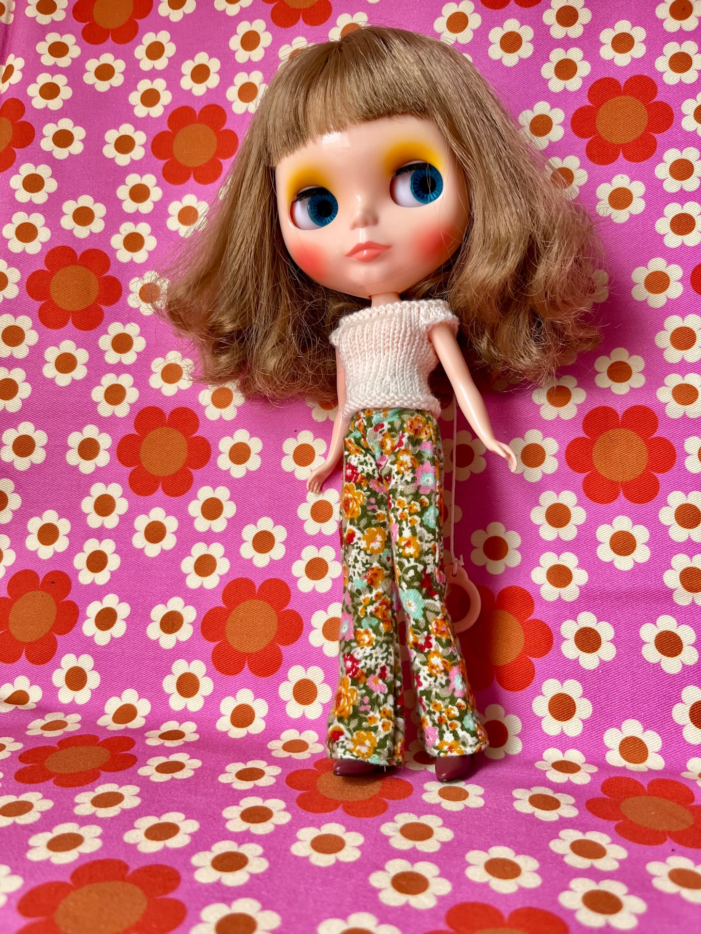 Green floral Flared Jeans Brushed Cotton Trousers for Blythe Doll