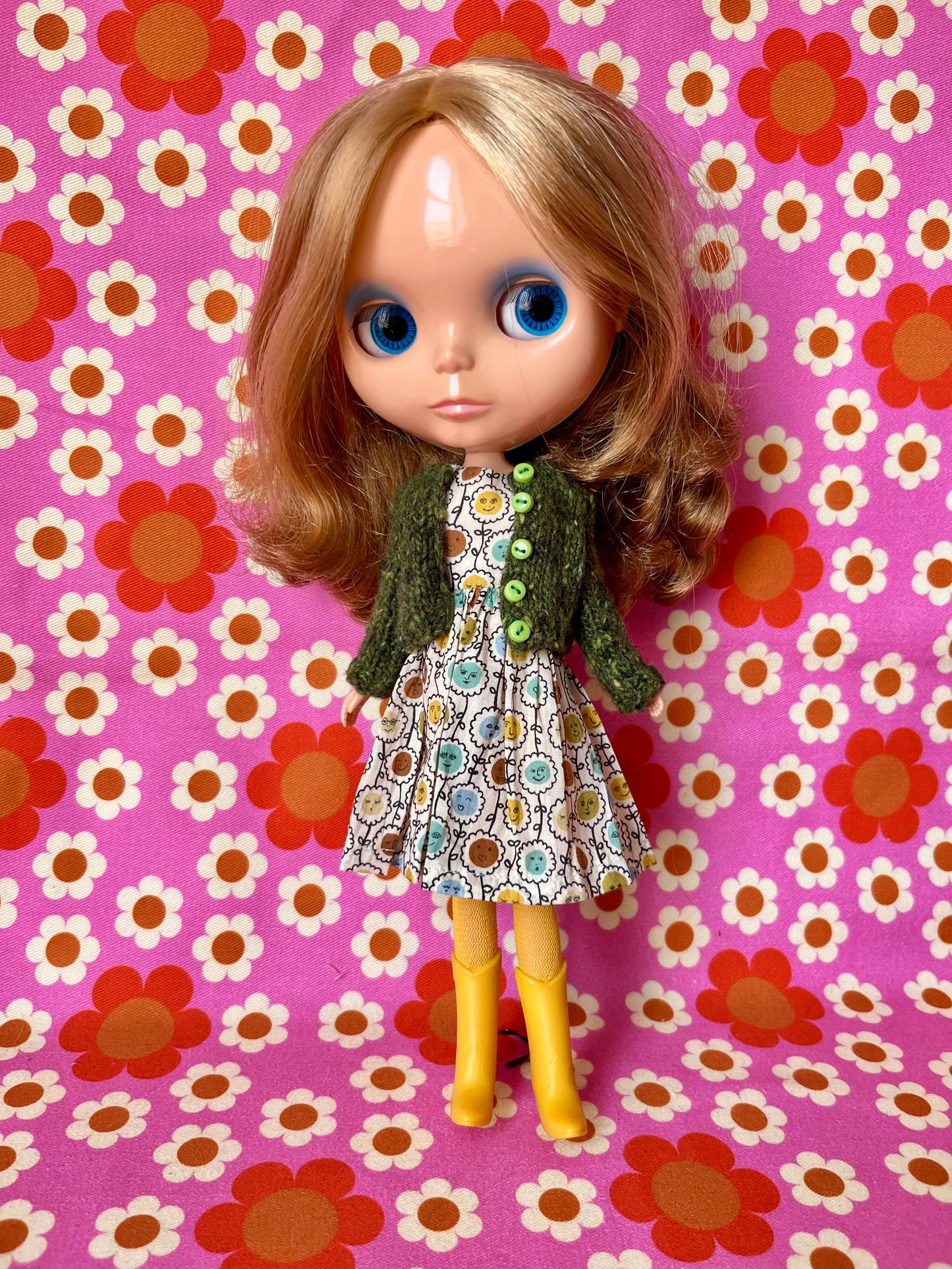 Green Liberty Cap Sleeve Dress & Knitted Cardigan for Blythe Doll