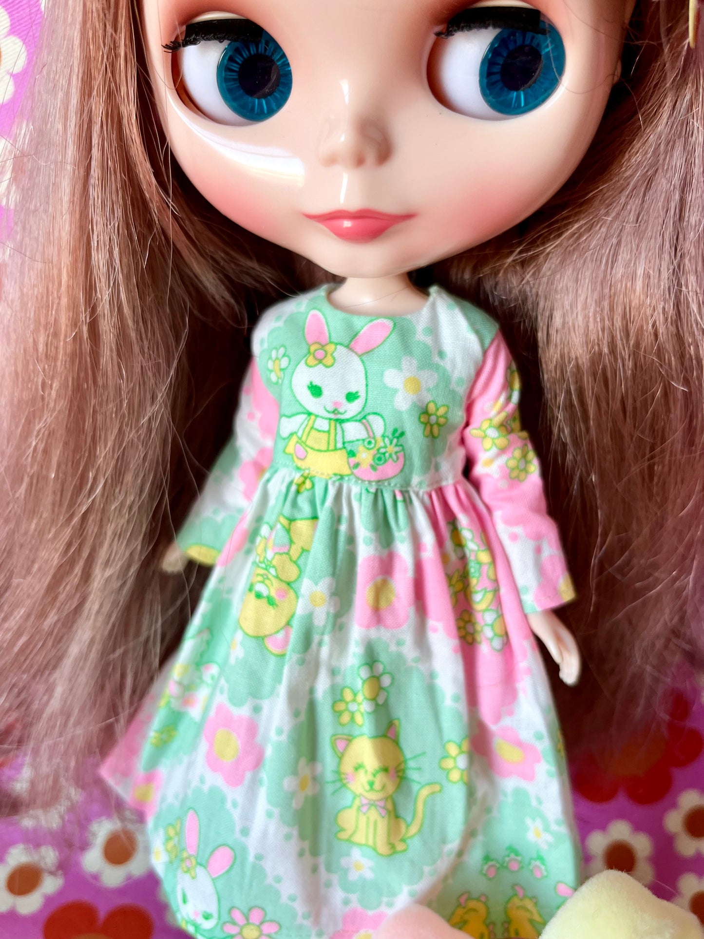 Green Cute Easter Bunny Family Dress for Blythe Doll.