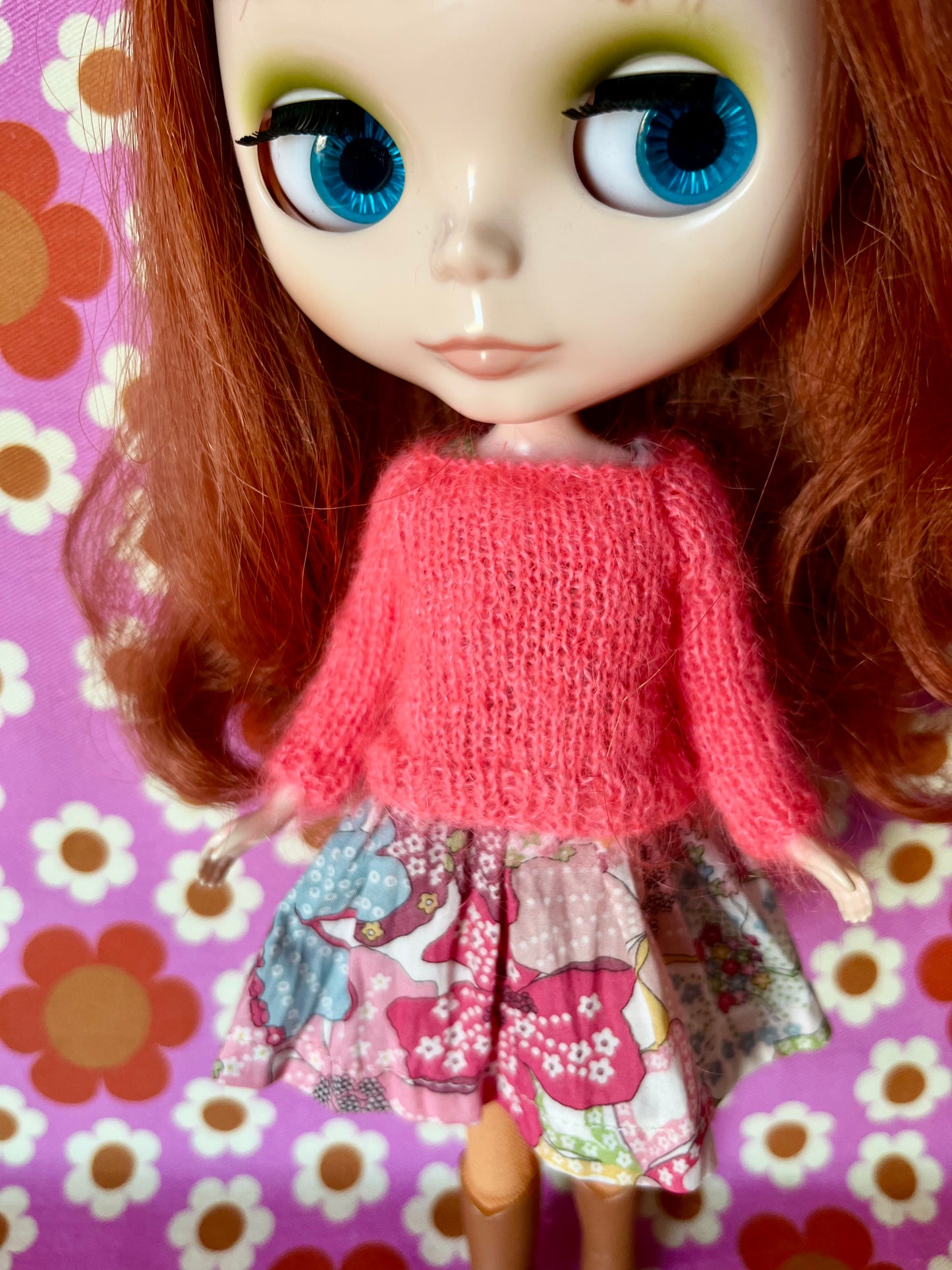 Liberty Print Dress & Reversible Mohair Cardigan for Blythe Doll