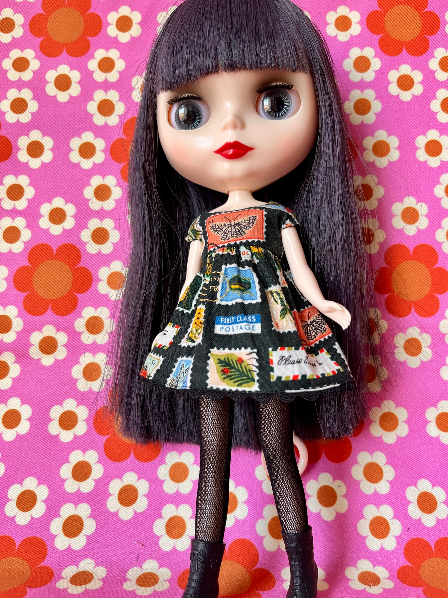 Black Postage Stamp Baby Doll Dress for Blythe Doll