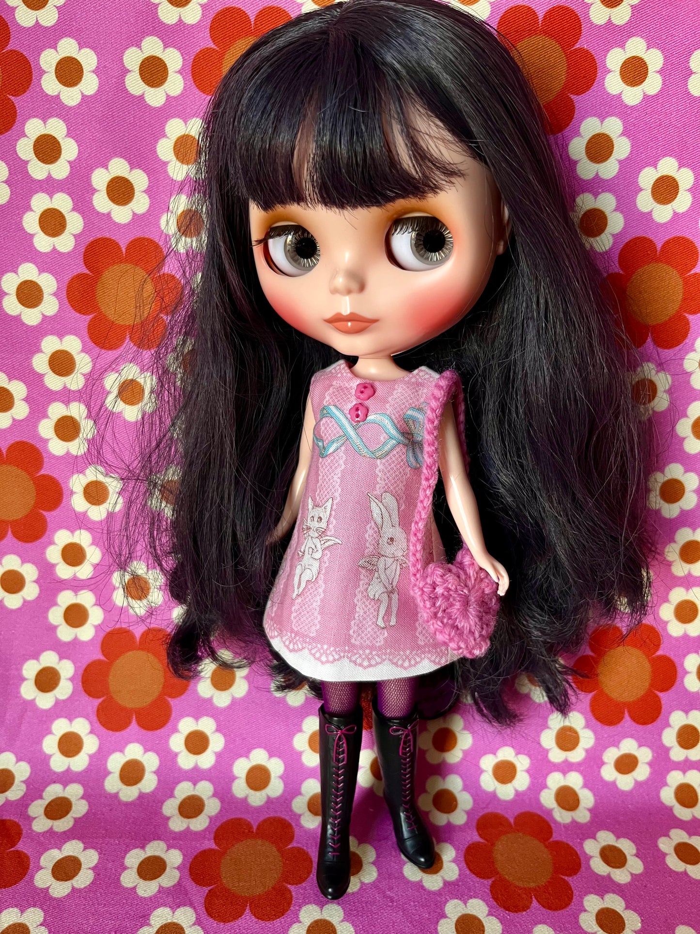 Valentine Pink Joli Fleur Cat & Bunny Sleeveless Shift dress & Bag