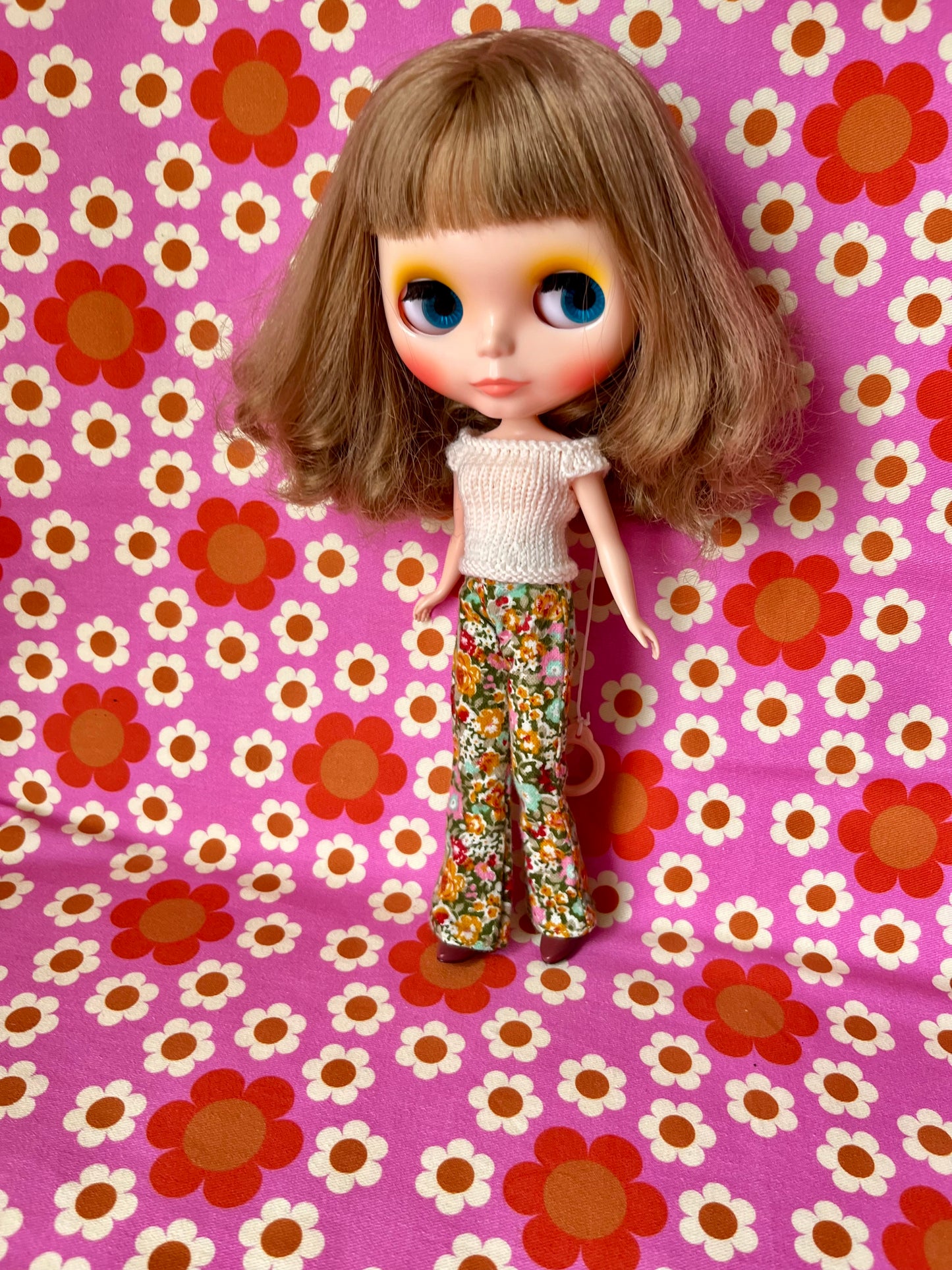 Green floral Flared Jeans Brushed Cotton Trousers for Blythe Doll