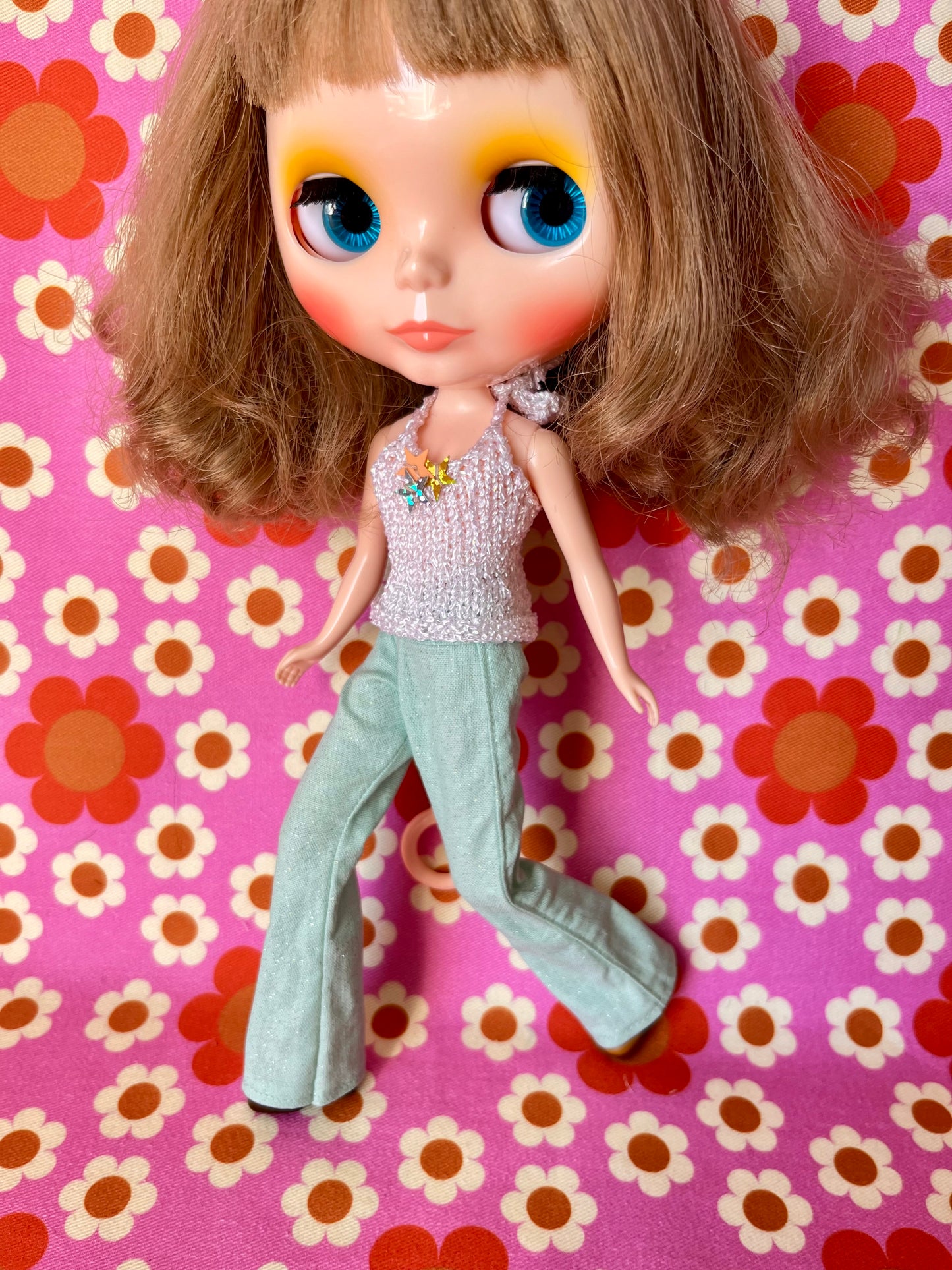 Mint Green Glitter Sparkle Flared Jeans Trousers for Blythe Doll Limited!