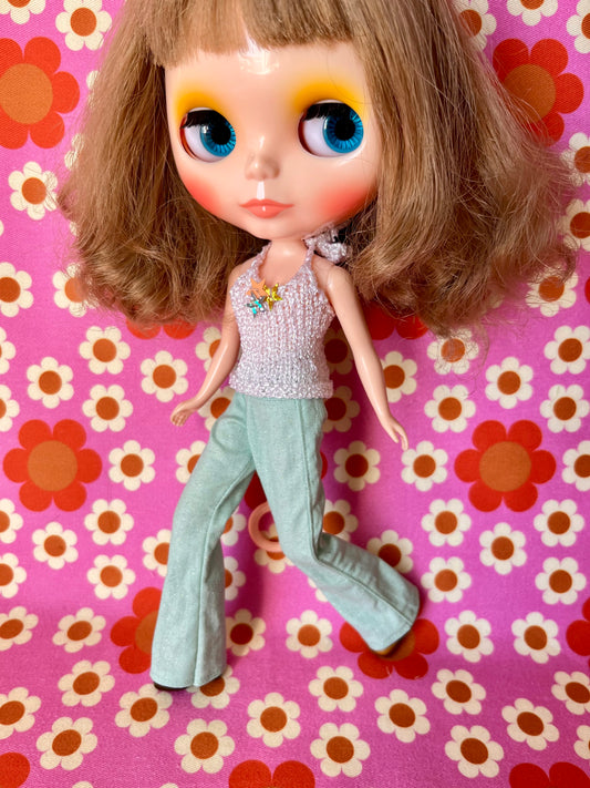 Mint Green Glitter Sparkle Flared Jeans Trousers for Blythe Doll Limited!