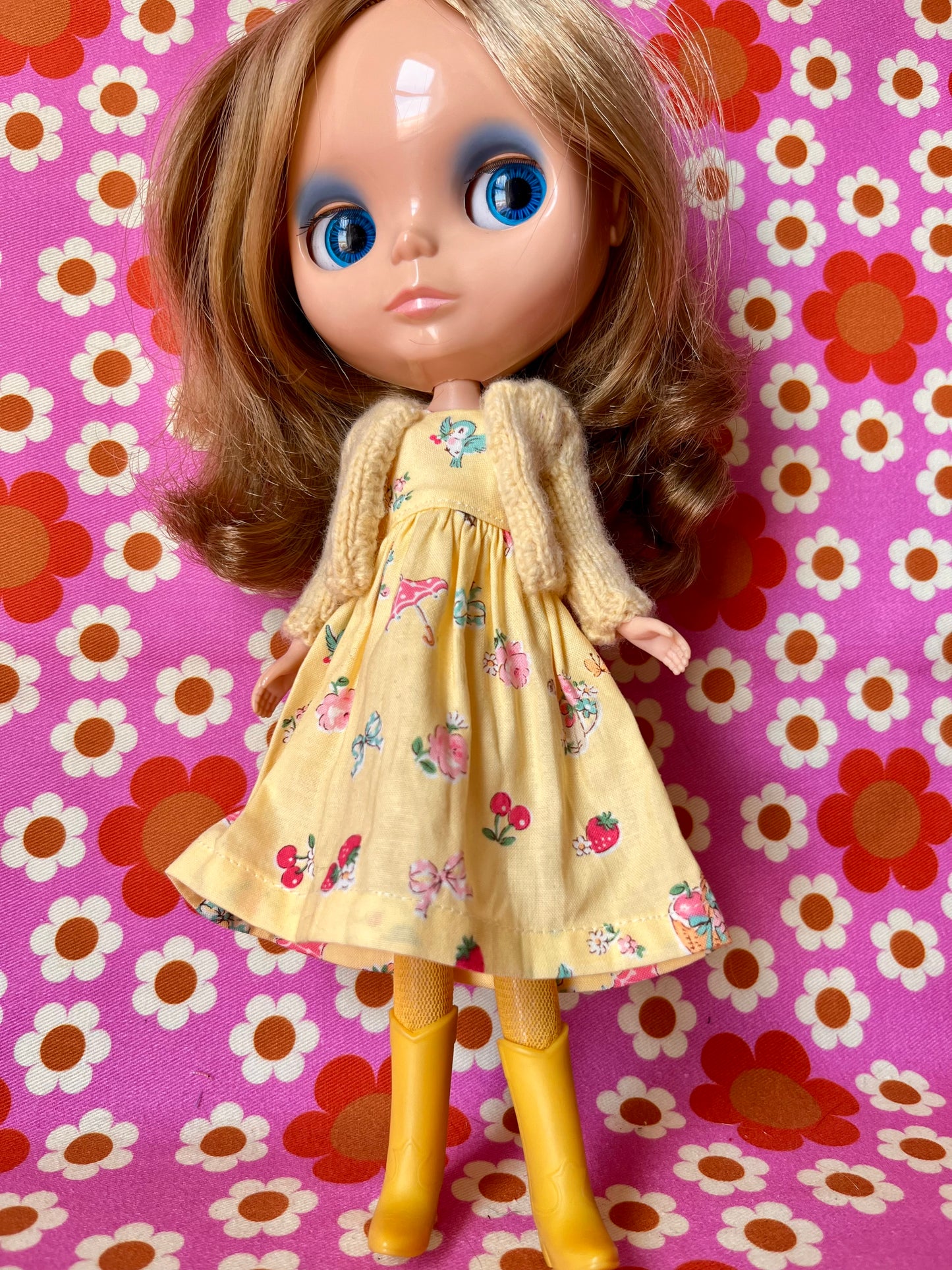 Japanese Print Cap Sleeve Dress & Knitted Cardigan for Blythe Doll