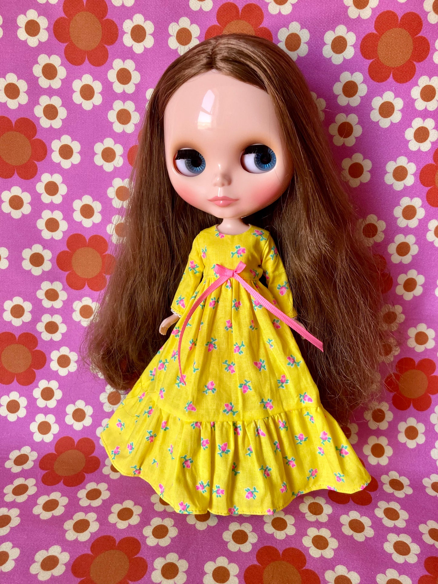 Yellow Long Neon Rosebud Print Dress for Blythe Doll