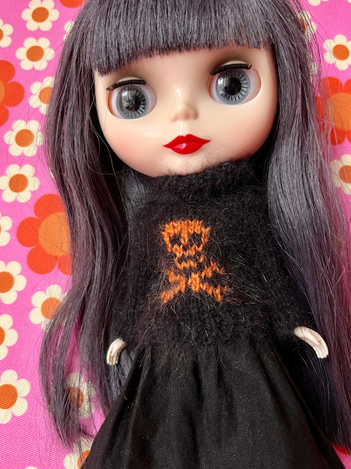 Halloween Fluffy Black Sweater Orange Skull