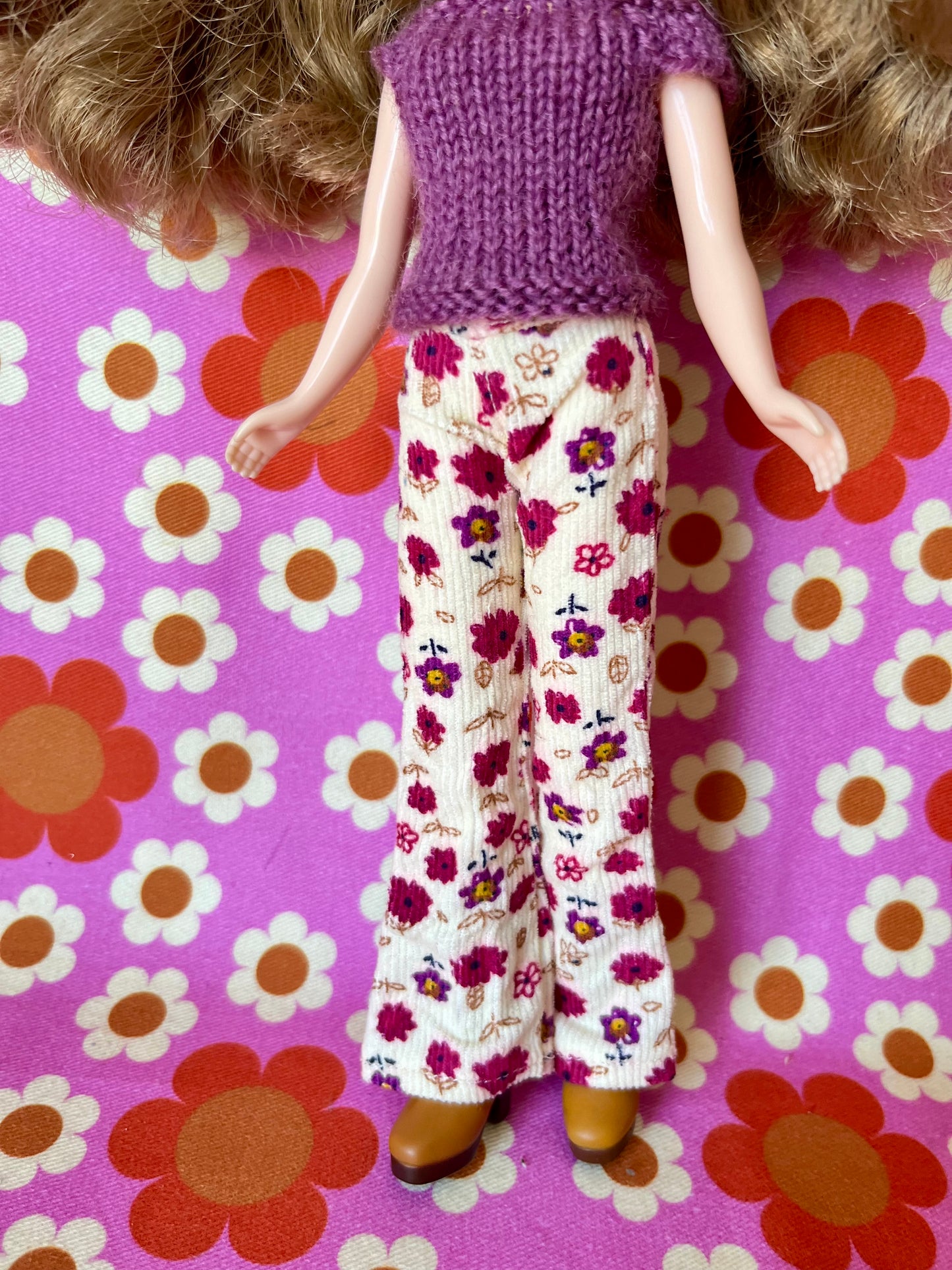 Cream Floral Flared Jeans Corduroy Trousers for Blythe Doll