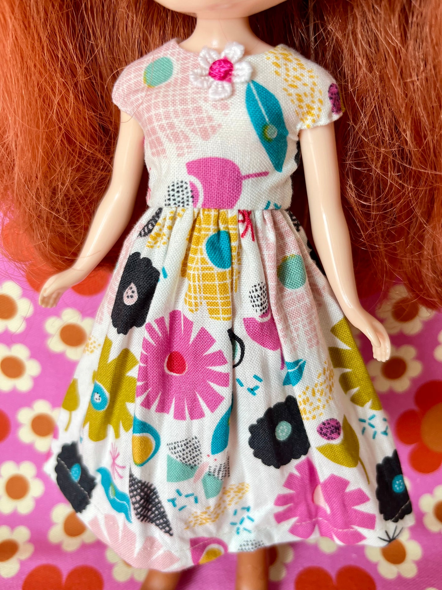 50s Flowers Summer Cap Sleeve Dress for Blythe Doll