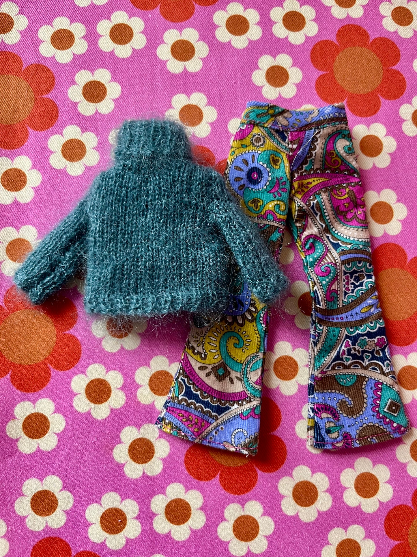 Liberty Corduroy Flared Trousers & Mohair Sweater Set for Blythe Doll